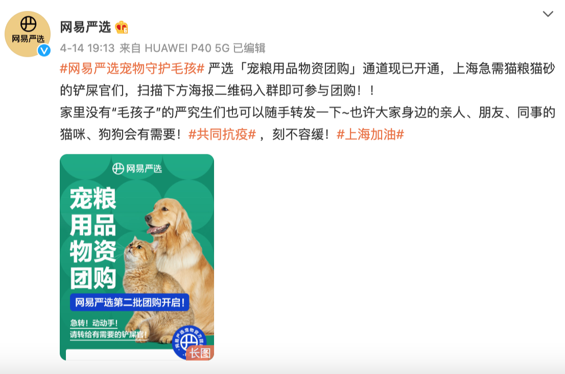 上海疫情，网易严选为缺粮宠物发起团购保供行动