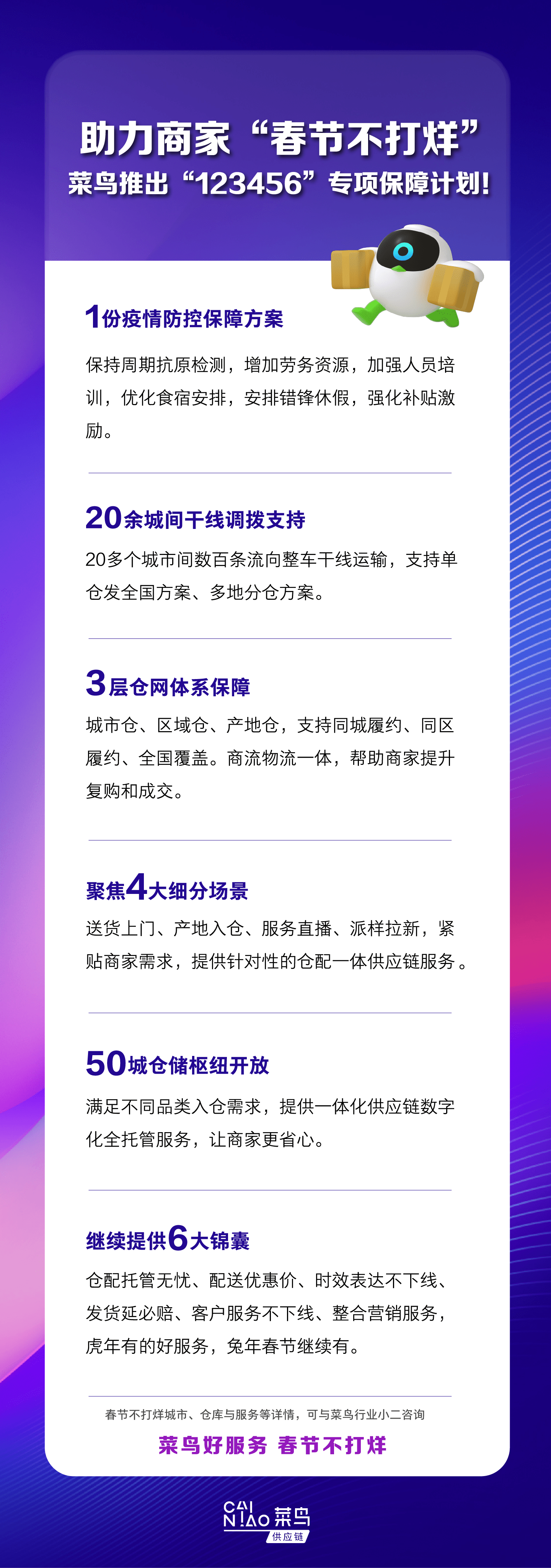 菜鸟推出“123456”专项保障计划，服务商家春节不打烊