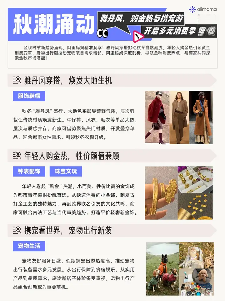 秋季潮流风向：雅丹风穿搭、黄金理财、宠物出行，阿里妈妈热点指南助你把握金秋商机！